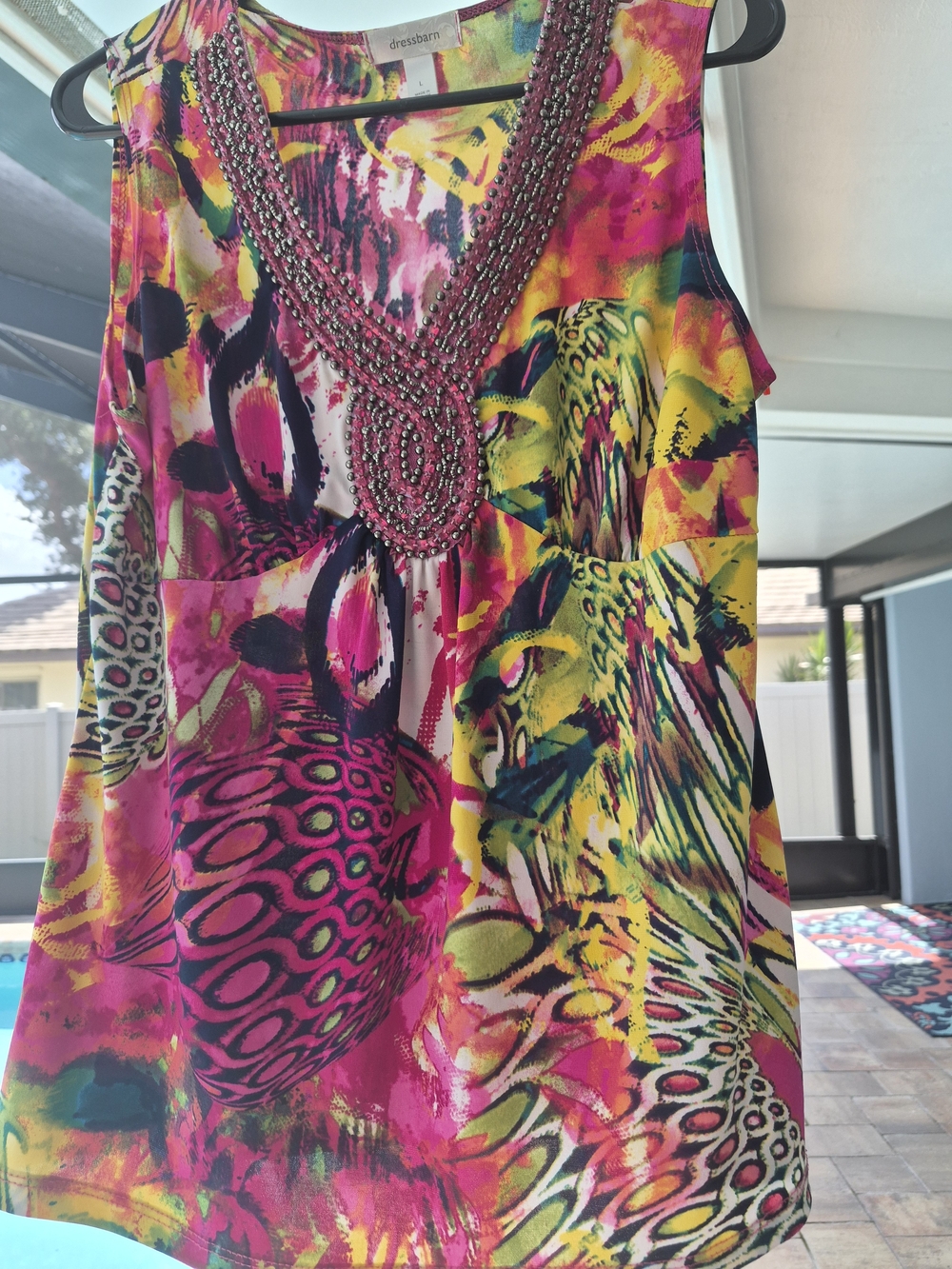 Dressbarn Beaded V-Neck Tropical Print Tank